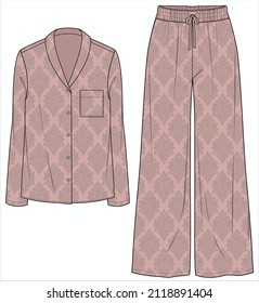 SHAWL COLLAR TOP WITH WIDE LEG BOTTOM SATIN MATCHING PYJAMA SET FOR WOMEN IN EDITABLE VECTOR FILE