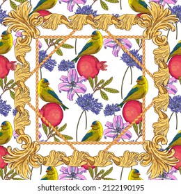 Shawl depicting yellow birds, pomegranates, pink lilies and agapanthus flowers in a golden vintage frame. Seamless vector pattern.