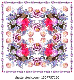 Shawl with elegance floral and paisley ornament on white background. Ethnic motif.