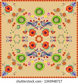 Shawl. Ethnic indian bright pattern. Ethnic folklore print with flowers and birds.  