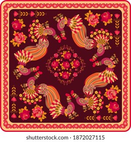 Shawl with fabulous birds, red roses and paisley border in folk style. Russian motif.