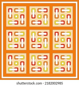 Shawl with geometric patterns in warm orange-yellow-red tones