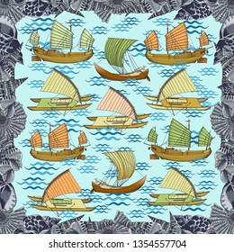 Shawl with a marine pattern. Old ships on the water. Border around the edge of different shells.