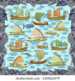 Shawl with a marine pattern. Old ships and sea animals on the water. Border from different shells.