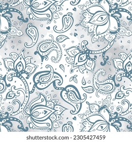 Shawl motifs and small hearts on watercolor cloud brush strokes Ethnic pattern