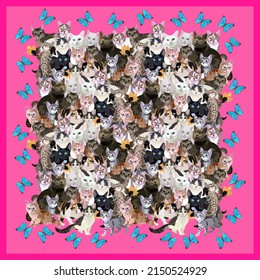 Shawl With Multiple Cats Of Different Breeds, Big Blue Butterflies And Pink Border In Vector. Fashion Accessory With Symbols Of The Chinese Year Of The Cat, 2023.