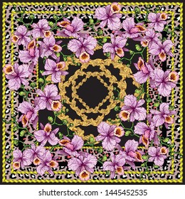 Shawl with a pattern of orchids on a dark background. The frame with the image of a spotted imitation of the skin of a leopard. Details of the decoration in modern style.