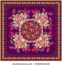 Shawl, pillowcase or square carpet with stylized flowers, leaves and paisley ornament on bright lilac background. Vector image.