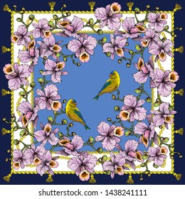 Shawl with pink orchids and birds. Two birds are sitting on
branches of orchids. Flowers and birds in a frame of gold chains.