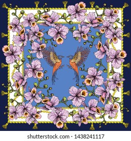 Shawl with pink orchids and flying birds. Two birds fly on a blue background surrounded by branches with orchids.