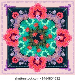 Shawl "Russian Soul" with red lilies and fantastic flowers in ethnic style and paisley.