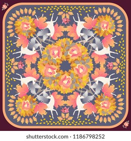 Shawl in russian vintage style. White winged horses with manes and tails in form of autumn leaves in garden. Blooming roses and lilies. Bandana print in vector.