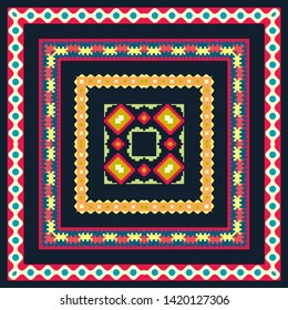 shawl template. Square ornament with decorative flowers and paisley. Indian batik. Stylized flowers and paisley. Indonesian batik. Design for home decor, shawl, blanket, carpet, handkerchief