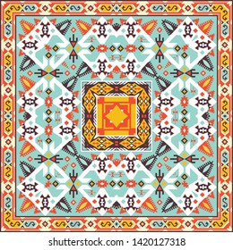 shawl template. Square ornament with decorative flowers and paisley. Indian batik. Stylized flowers and paisley. Indonesian batik. Design for home decor, shawl, blanket, carpet, handkerchief