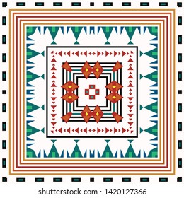 shawl template. Square ornament with decorative flowers and paisley. Indian batik. Stylized flowers and paisley. Indonesian batik. Design for home decor, shawl, blanket, carpet, handkerchief