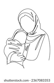 Shawl-wearing woman with a baby in her arms. Biblical stories, virgin mary with jesus christ in her arms. One line drawing, vector illustration.