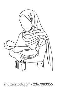 Shawl-wearing woman with a baby in her arms. Biblical stories, virgin mary with jesus christ in her arms. One line drawing, vector illustration.