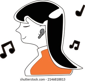 She is a black-haired woman listening to music.