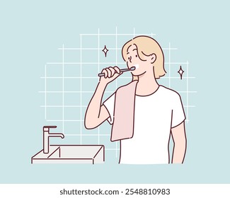 She is brushing her teeth in the bathroom. Hand drawn style vector design illustrations.