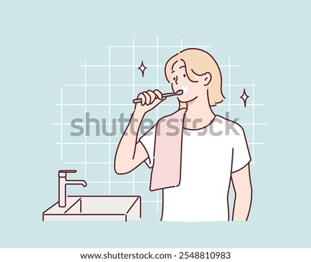 She is brushing her teeth in the bathroom. Hand drawn style vector design illustrations.
