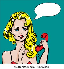 she calls on the phone, vector illustration, pop art