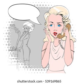 she calls on the phone, vector illustration, pop art