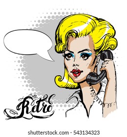 she calls on the phone, vector illustration, pop art