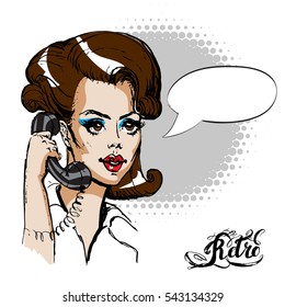 she calls on the phone, vector illustration, pop art