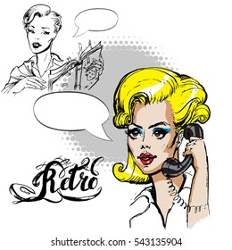 she calls on the phone, vector illustration, pop art