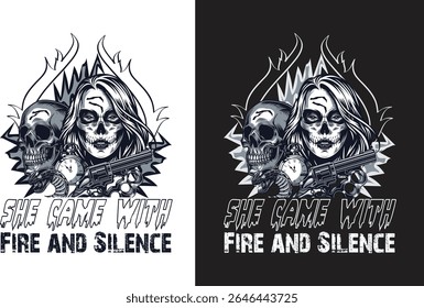 She Came With Fire and Silence – Mystical skull T-Shirt design