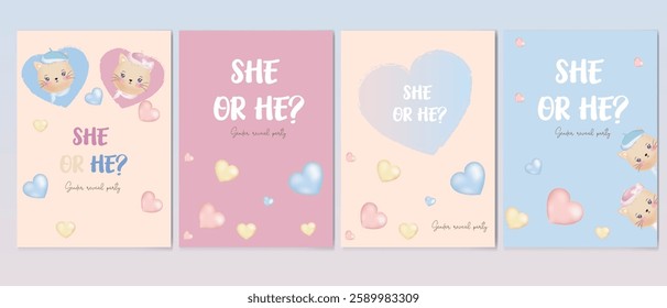 She or he? Congratulations card, poster, flyer on a blue, pink, background. 3D hearts, cats. Vector