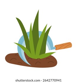 She cuts off a bush of grass with a sickle. Flat color illustration. Gardening tools. Gardening. Suitable for agrothematics, applications, educational materials and product packaging