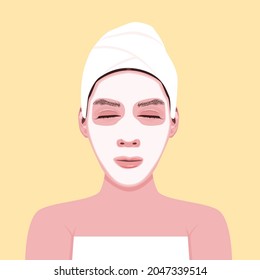 Ella está haciendo una máscara facial para hacer que su piel se vea firme y firme.
Ilustración sobre la máscara facial.