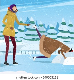 She dropped her head into the snow, and he laughs - practical joke concept. Vector illustration