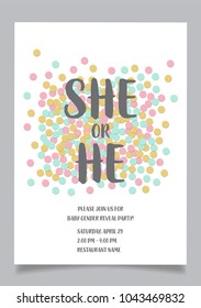 She or he? Gender reveal party invitation card vector design.