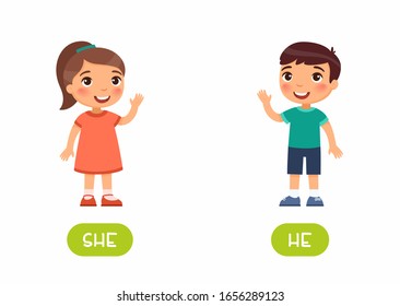 She and he antonyms flashcard vector template. Word card for english language learning with flat characters. Opposites concept. Girl and boy waving hand illustration with typography