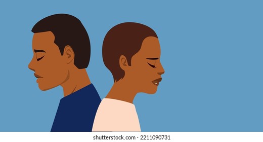 She and he back to one another, Unhappy couple. Conflict in relations, disagreements. A man and a woman are sad with each other after a quarrel