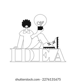 She holds a light bulb, symbolizing new ideas a linear style vector illustration.