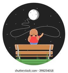 She holds the moon as a ball. Little girl dreaming. Against the background of stars.  Moon Balloon. Vector illustration.