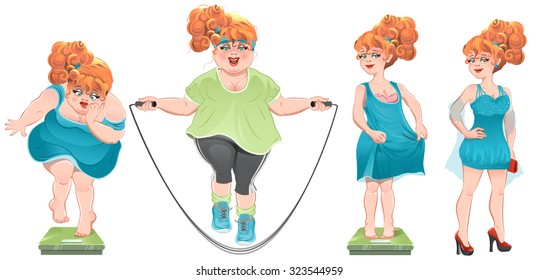 She lost weight. Set weight loss woman, before after. Isolated cartoon illustration