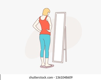 She is measuring her weight with a scale in front of the mirror.  Hand drawn style vector design illustrations.