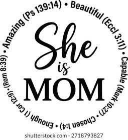 Tipografía basada en la fe de mamá con diseño circular de versos de la Biblia sobre fondo blanco