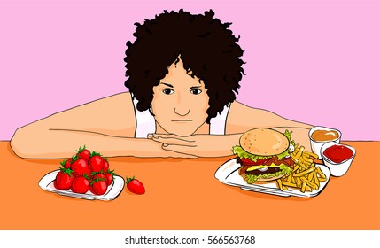 She picks berries and fast food to lose weight. Effective diet. Choose healthy foods.