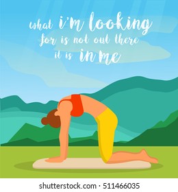 She practices yoga in nature. Meditation and relaxation in the fresh air. Yoga postures. Motivating quote.Motivational and inspirational illustration. Vector illustration