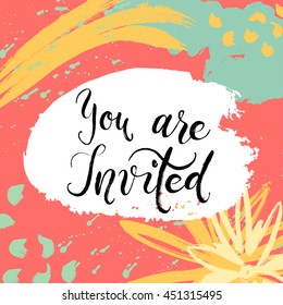 She said Yes! Invitation card. Vector isolated hand drawn lettering with abstract background. Printable wedding card template. Modern brush pen calligraphy. Cute words and phrases. Ready-to print.