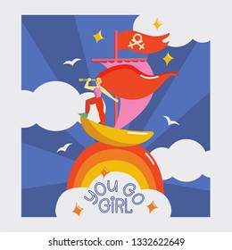 She sails in a boat on a rainbow and sees a target through a spyglass. Feminist concept for the design of cards, posters, flyers. You go girl - hand-drawn lettering. Female motivating poster in vector