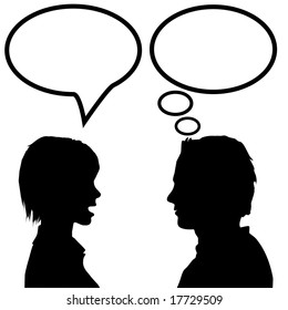 She says he listens. A couple discuss as the woman talks in a speech bubble and the man listens and thinks in a thought bubble.