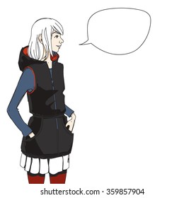 She says. Speech bubble. Dialog cloud. Girl. The girl said. Beautiful girl. Blonde. Dialog. Vector hand-drawn sketch.