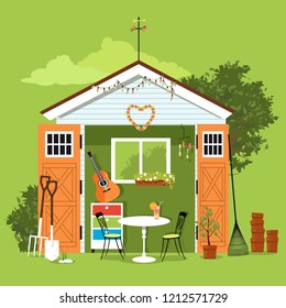 She shed in a garden with a set of furniture, gardening tools and art and craft station, EPS 8 vector illustration svg