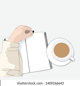 She is sitting drinking a cup of coffee and reading a book during a comfortable day.The appearance of a woman's hand placed on the table.doodle art concept, illustration painting